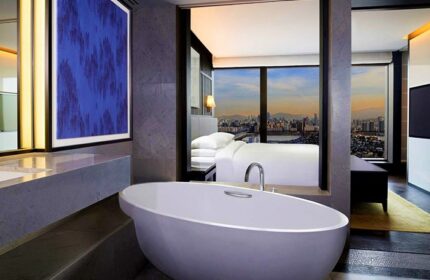 Grand Hyatt Seoul gay-friendly hotel room. Bathtub in foreground, bed and Seoul city view in background. Luxury travel.
