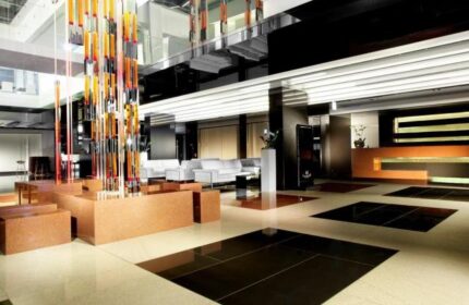 Grandior Hotel Prague's lobby. A gay-friendly hotel featuring modern design, stylish decor, and comfortable seating. Ideal for LGBTQ+ travelers.