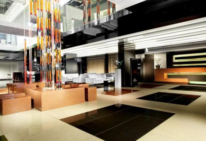 Grandior Hotel Prague's lobby. A gay-friendly hotel featuring modern design, stylish decor, and comfortable seating. Ideal for LGBTQ+ travelers.