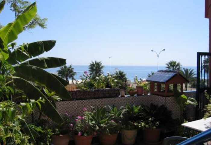 Guadalupe Cozy Inns gay-friendly hotel view. Balcony with potted plants overlooking the ocean. A relaxing travel destination for gay men.