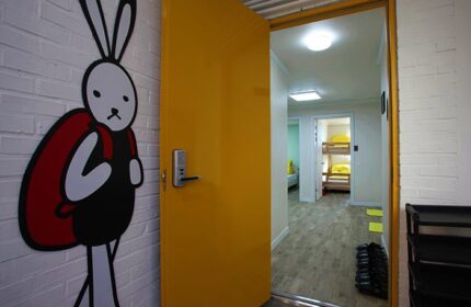 Gay-Friendly Guest House DODAMi interior. Yellow door, bunny art, and view into a room with bunk beds. Gay travel lodging.