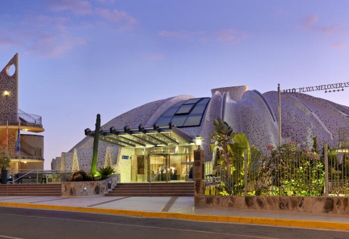 H10 Playa Meloneras Palace entrance. Gay-friendly hotel architecture, with cactus and unique design. Meloneras, Gran Canaria.