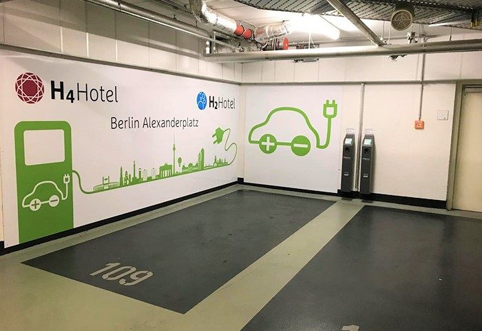 H2 Hotel Berlin Alexanderplatz gay-friendly hotel electric car charging station. Parking spot with electric vehicle charger at H2 Hotel Berlin.