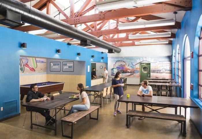 HI Los Angeles Santa Monica Hostel's common area. Gay-friendly hotel with pool table, tables, and Santa Monica mural. Great hostel!