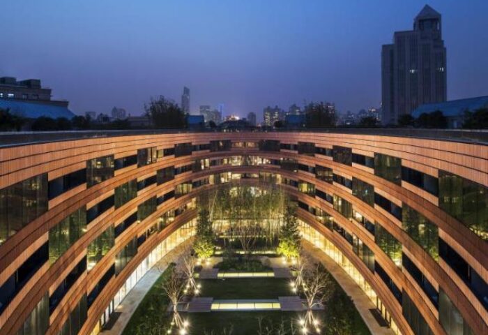 HUALUXE Shanghai Twelve At Hengshan hotel view. Gay-friendly hotel in Shanghai with unique architecture and garden at night. Gay travel advice.