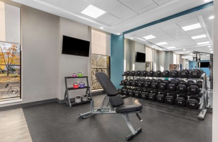 Hampton Inn & Suites by Hilton Toronto Downtown gym. Weight rack, bench, kettlebells. Gay-friendly hotel for travelers.