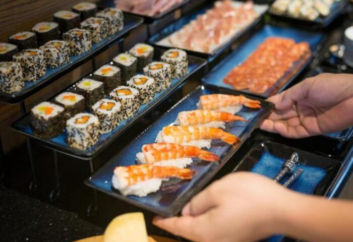 Sushi and shrimp at Hanoi La Siesta Hotel Trendy, a gay-friendly hotel in Hanoi. Buffet selection for gay travelers.