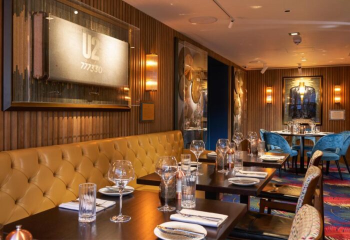 Hard Rock Hotel Dublin's gay-friendly restaurant. The stylish interior features U2 memorabilia, plush seating, & set tables.