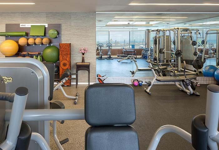 Hilton Tel Aviv's gym. This gay-friendly hotel features modern fitness equipment with a view. Ideal for gay men's travel and wellness.
