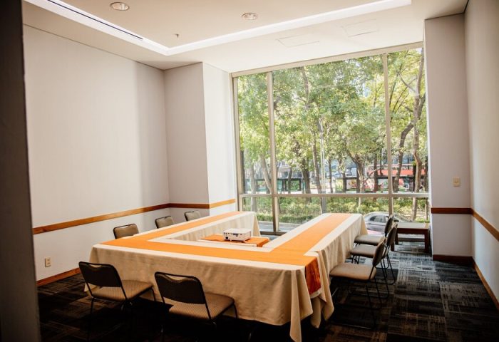Holiday Inn Express Mexico Reforma meeting room. Gay-friendly hotel with a large window view. Corporate event space for gay travelers.