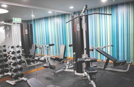 Holiday Inn Express Mexico Reforma gay-friendly hotel gym. Dumbbells, weight machines, and striped wall. Fitness center for gay travelers.