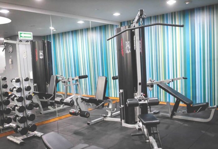 Holiday Inn Express Mexico Reforma gay-friendly hotel gym. Dumbbells, weight machines, and striped wall. Fitness center for gay travelers.
