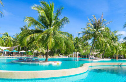 Holiday Inn Resort Kandooma Maldives pool view. Gay-friendly travel destination with palm trees and clear blue water.