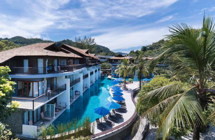 Holiday Inn Resort Krabi Ao Nang Beach: Gay-friendly hotel with pool access rooms, blue umbrellas, palm trees, and lush tropical scenery.
