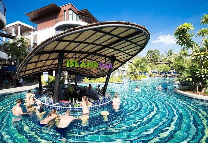 Holiday Inn Resort Krabi Ao Nang Beach swim-up bar. Gay-friendly hotel in Thailand. Island Bar, Ao Nang Beach resort pool.