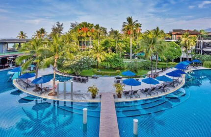 Holiday Inn Resort Krabi Ao Nang Beach pool view. Gay-friendly hotel with palm trees, blue umbrellas, and lounge chairs. Tropical paradise.