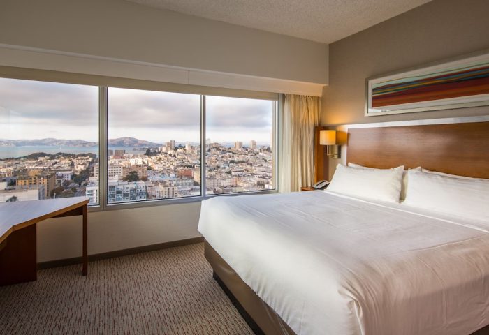 Holiday Inn San Francisco-Golden Gateway hotel room with city view. Gay-friendly hotel for gay men travel advice in San Francisco.