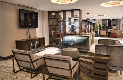 Holiday Inn Toronto Downtown Centre's stylish lounge. Gay-friendly hotel with modern seating, TV, and decorative shelving. Relaxing space.