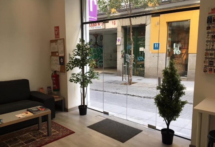 Hostal Pizarro's gay-friendly hotel lobby in Madrid. View of the street from inside the hotel. Welcoming space for gay travelers.