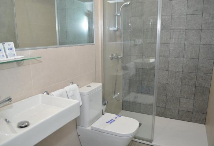 Bathroom at Gay-Friendly Hotel Hostal San Lorenzo. Features a shower, toilet, and sink. A comfortable stay for gay travelers.