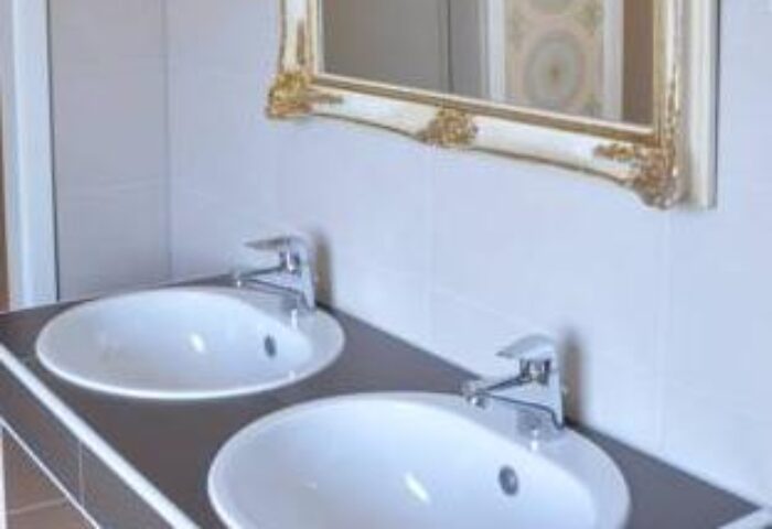 Bathroom with double sinks and ornate mirror at Gay-Friendly Hotel Hostel die Wohngemeinschaft, a top gay travel destination.