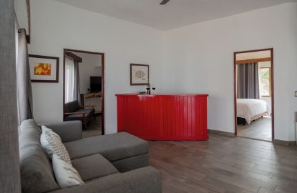 Hotel Amaca Puerto Vallarta Adults Only suite interior. Gay-friendly hotel room with red bar, gray sofa, and bedroom view. Stylish adults-only stay.
