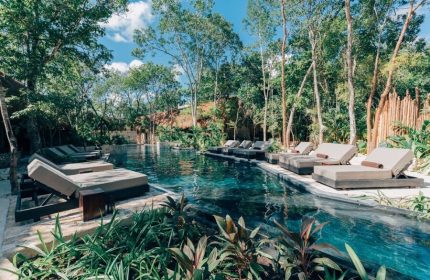 Hotel Bardo Adults Only: Gay-friendly hotel pool with lounge chairs surrounded by lush trees. Ideal for gay men's travel and relaxation.