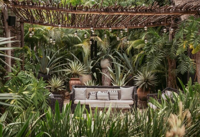 Hotel Bardo adults-only, gay-friendly hotel. Outdoor lounge area with a couch surrounded by lush tropical plants. Ideal for gay travel.