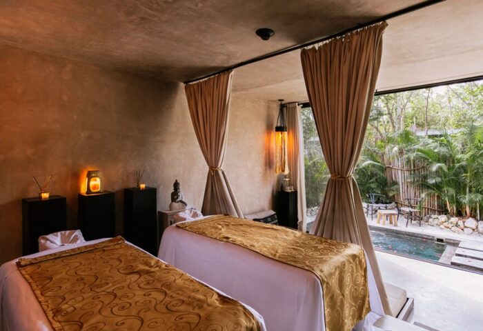 Hotel Bardo Adults Only gay-friendly hotel spa. Two massage beds with a pool view. Relaxing, luxury experience for gay men travelers.