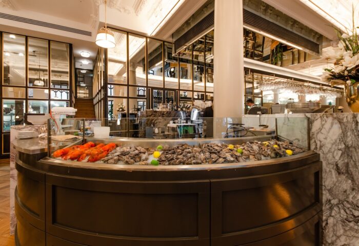 Hotel Birks Montreal's oyster bar. Fresh oysters and lobsters on display at this gay-friendly hotel. Fine dining experience in Montreal.