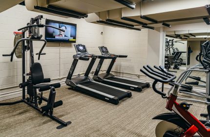 Hotel Birks Montreal gym. Gay-friendly hotel fitness center with treadmills, weight machines, and TV. Exercise equipment for hotel guests.
