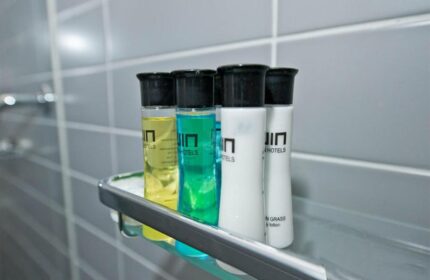Hotel CC bathroom amenities. Gay-friendly hotel featuring shampoo, conditioner, and body lotion. Hotel CC is a great choice for gay travelers.