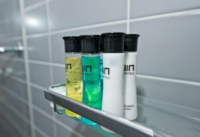 Hotel CC bathroom amenities. Gay-friendly hotel featuring shampoo, conditioner, and body lotion. Hotel CC is a great choice for gay travelers.