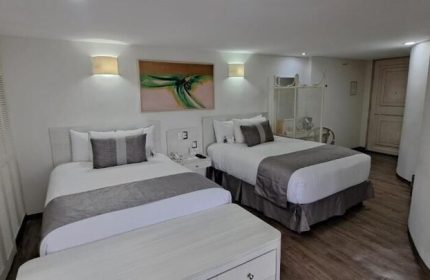 Hotel Century Reforma gay-friendly hotel: Two beds with gray accents, white walls, and modern art. A comfortable stay for gay travelers.