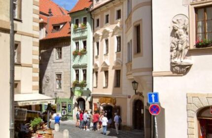 Hotel Clementin Old Town: A charming street view in Prague's Old Town. This gay-friendly, pet-friendly hotel is near historic buildings.