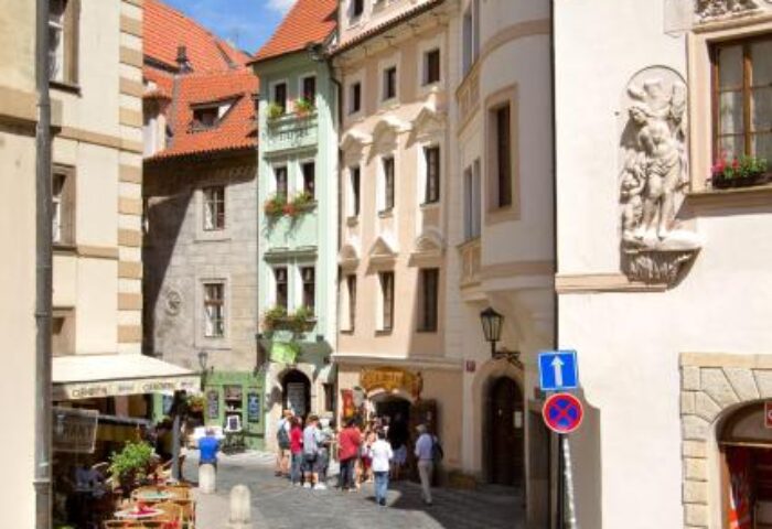 Hotel Clementin Old Town: A charming street view in Prague's Old Town. This gay-friendly, pet-friendly hotel is near historic buildings.