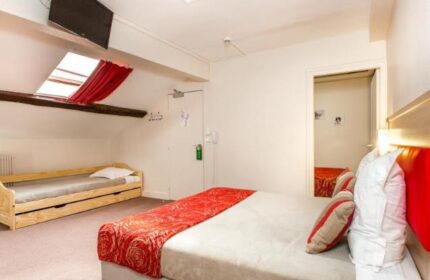 Hotel Dwin's pet-friendly room: bed, daybed, TV, and skylight. A gay-friendly hotel offering comfortable accommodations.