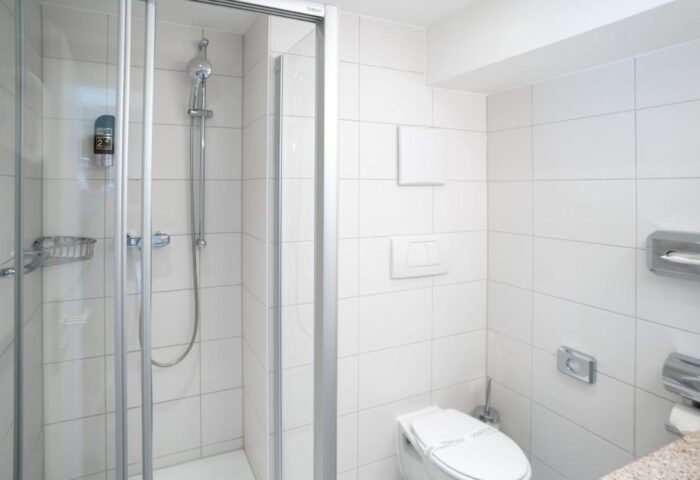 Bathroom at Hotel Europäischer Hof, a gay-friendly hotel. White tiled shower, toilet, and amenities. Clean and modern design.
