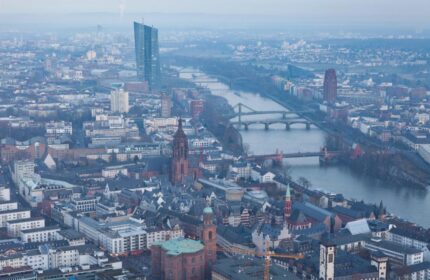 Frankfurt City Centre skyline view. Gay-friendly Hotel Expo Frankfurt, Germany. River Main, bridges, and skyscrapers.