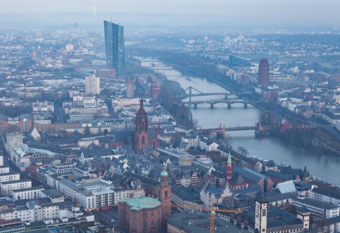 Frankfurt City Centre skyline view. Gay-friendly Hotel Expo Frankfurt, Germany. River Main, bridges, and skyscrapers.