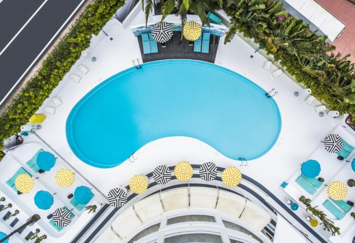 Adults Only Gran Canaria Princess Hotel pool aerial view. Gay-friendly resort in Playa del Ingles, perfect for a relaxing vacation.
