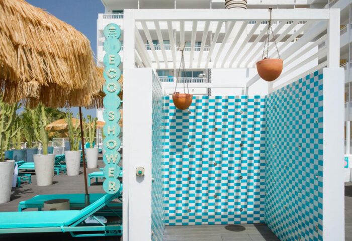 Gold Playa del Ingles gay-friendly hotel adults only eco shower. Gran Canaria Princess Hotel outdoor shower, blue & white tiles.