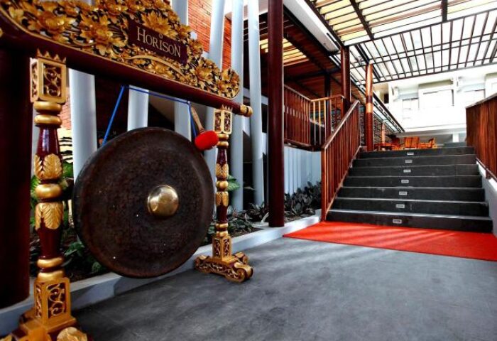 Horison Seminyak Bali hotel entrance with gong. Gay-friendly hotel in Bali, Indonesia, a great destination for gay men's travel.