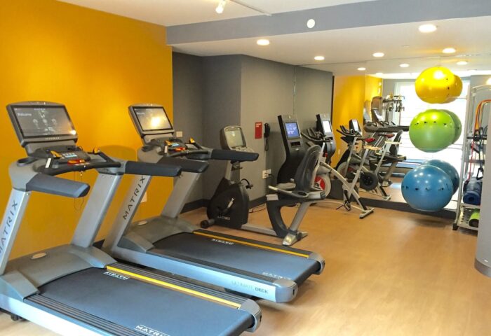 Hotel Indigo Lower East Side's gym. This gay-friendly hotel features treadmills, stationary bikes, and exercise balls for a complete workout.