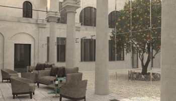 Hotel Indigo Milan Corso Monforte courtyard with seating. Gay-friendly hotel with modern design, ideal for gay men travel in Milan, Italy.
