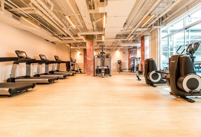 Hotel Kabuki, part of Jdv by Hyatt gym. Fitness center with treadmills, elliptical machines, and weight equipment. Gay-friendly hotel gym.