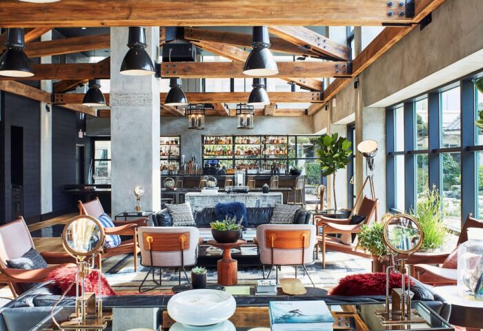 Hotel Kabuki, Part Of Jdv By Hyatt lobby. Gay-friendly hotel with bar, seating, wooden beams, & modern design. Great for gay men travel.