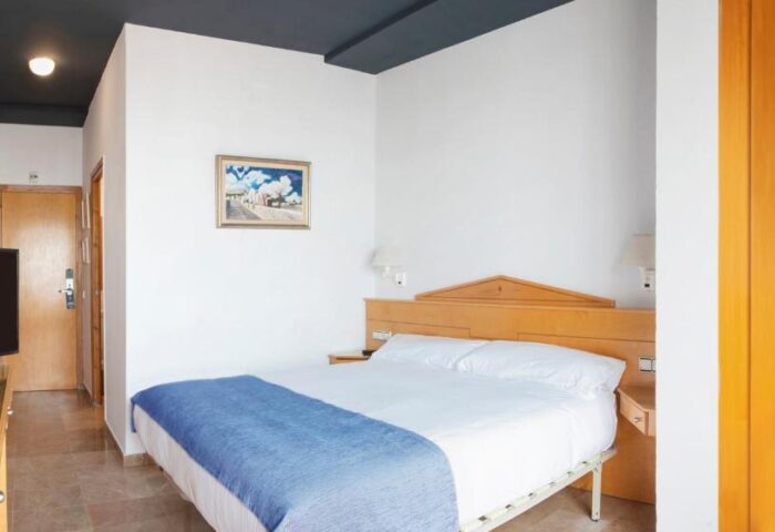 Hotel Los Globos gay-friendly hotel room. Double bed with blue throw, TV, and painting. A comfortable stay for gay travelers.