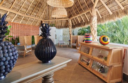 Hotel Luxury Patio Azul's gay-friendly design. Thatched roof, wicker lamps, and blue pineapple decor. Colorful accents. Relaxed, stylish vibe.