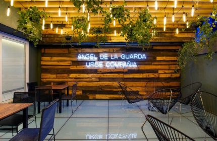 Hotel MX mas reforma gay-friendly hotel interior. Angel de la Guarda Urge Compania neon sign, plants, and modern seating area.
